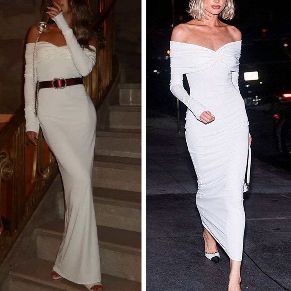 Off-Shoulder Long Sleeve White Maxi Dress